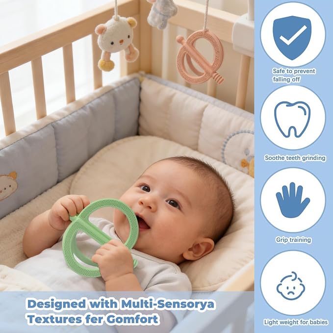 3 Pack Baby Teething Toys, Anti Dropping Wrist Hand Teethers & Easy-Grip Teether Ring, Food-Grade Silicone for Teething Relief, Newborn Essentials Chew Toys 0-12 Months（Blue&Pink&Green）