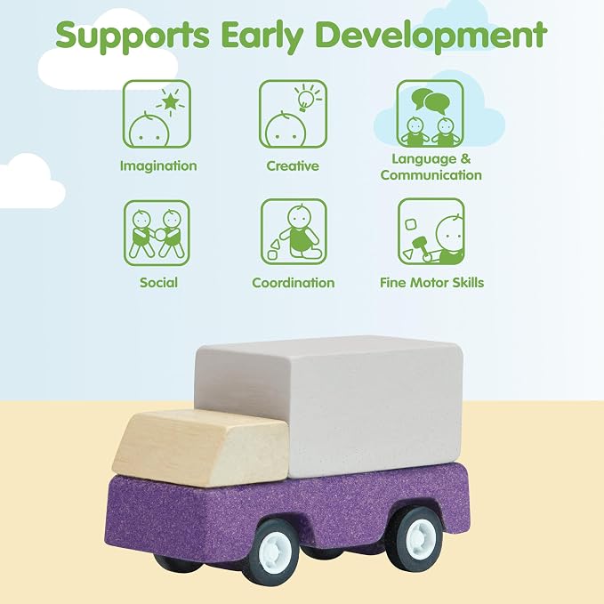 PlanToys® Purple Delivery Truck Wooden Montessori Vehicle Toy | Early Movement, Imagination and Practical Life Exploration | Eco Friendly Truck for Indoor and Outdoor Play