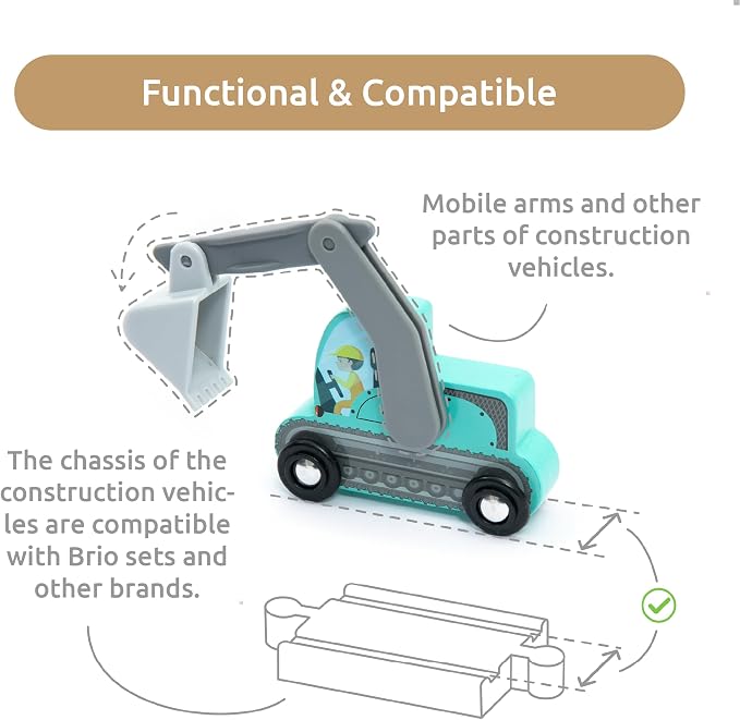 umu® Construction Toy Cars 7 PCS Wooden Kids Mini Vehicles for Toddlers, Compatible to Thomas Train Toys Railway and Major Brands, Best for 3 to 5 Year Old Boys and Girls