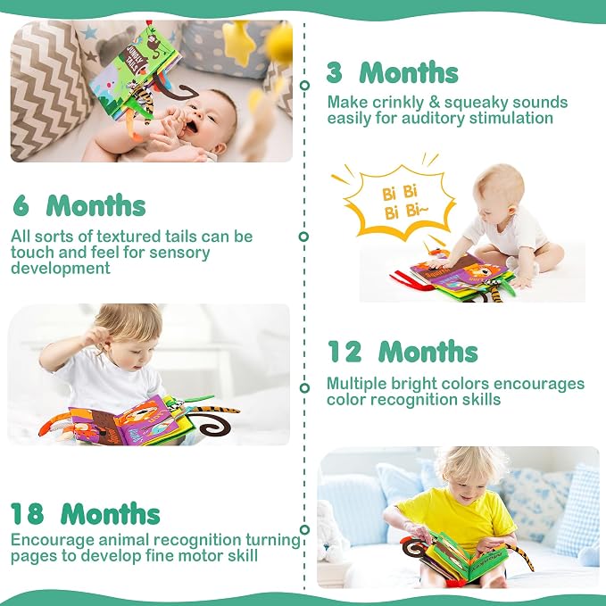 beiens Baby Books Toys, Touch and Feel Crinkle Cloth Book for Infant Baby 0-3-6-12-18 Months, Early Development Interactive Stroller Soft Toys, Newborn Gifts for Boys Girls