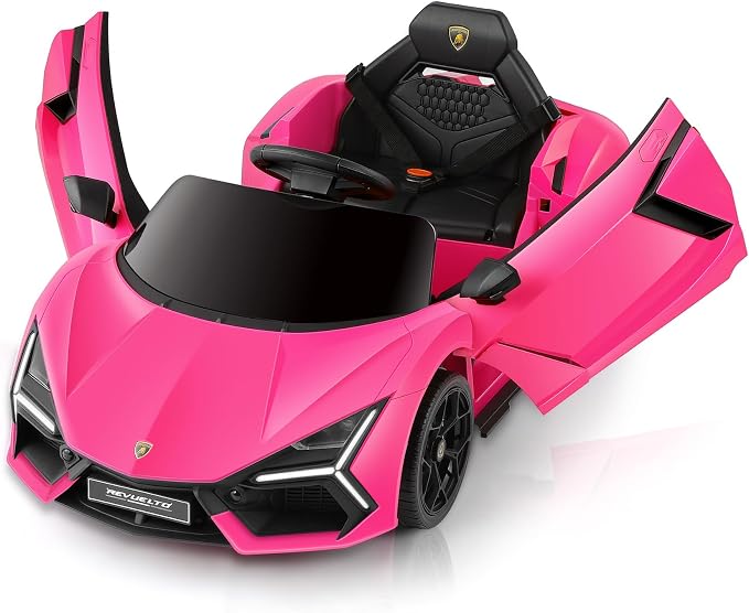 ELEMARA Licensed Lamborghini Ride On Car with Scissor Door,Electric car for Kids with Remote Control,12V Kids Car with Bluetooth,LED Light,MP3 Player and Wide Seat(Pink)