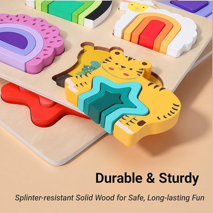 Montessori Wooden Stacking Puzzle Toys，Shape Sorter Toys with 6 Animals & Colors, Educational Preschool Learning Sorting Toy for Boys Girls