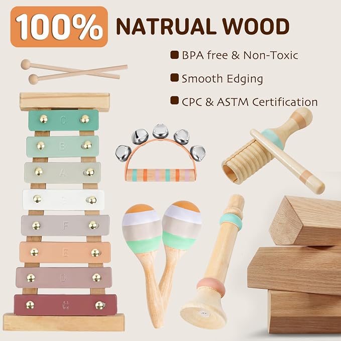 LeeQee Montessori Toys for Boys and Girls - Wooden Toys Baby Musical Instruments, Neutral Colors Percussion Instruments Set with Modern Boho Xylophone for Toddlers 3+ Music Education
