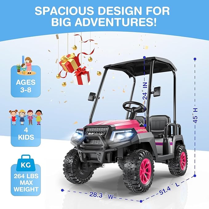 LIGIANT 24V Ride on Car for Big Kids, 4-Seaters Ride on Golf Cart, Max. Capacity: 264 Lbs(4 Kids), 4WD Kid's Car w/Remote Control, Detachable Awning, Spring Suspension, Music/Story/Power Display