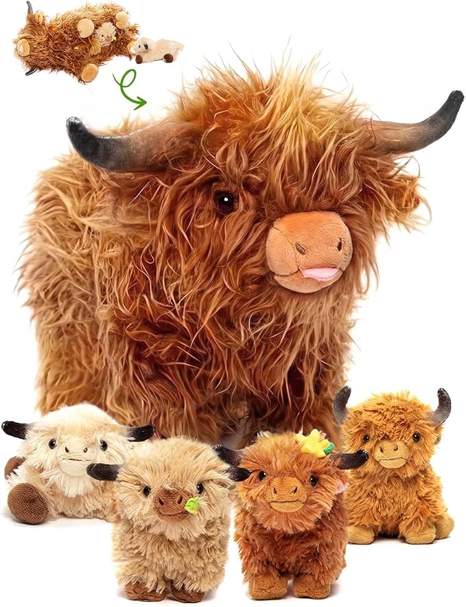 OUOZZZ Highland Cow Stuffed Animal, 14.5" Large Mom and 4 Babies Set | Realistic Fluffy Plush Toy, Includes 4 Baby Calves, Travel-Friendly & Portable