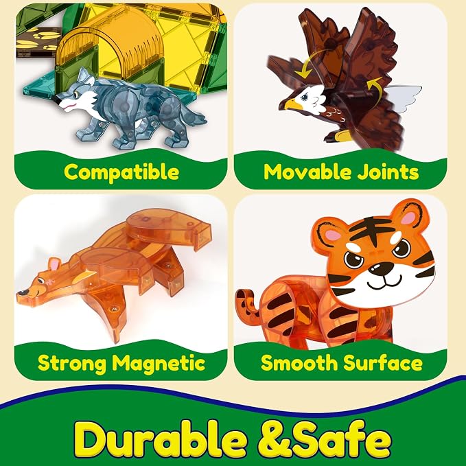 Oriate Magnet Wild Animals for Magnetic Tiles, 5pcs Movable Joints Zoo Animals for Magnetic Blocks, Animal Toys Compatible with Magnetiles, Educational Magnetic Building Tiles for Kids magnitiles