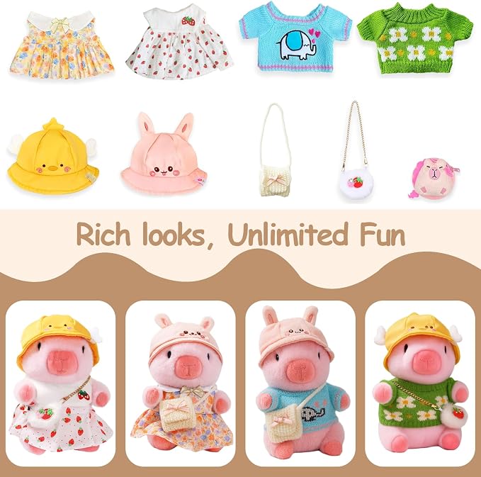 Capybara Plush Toy Capybara Plush with 9 Clothes and Accessories Super Soft Capybara Stuffed Animal for Kids Girls Boys 10.2inch (Cute Dress Capybara)