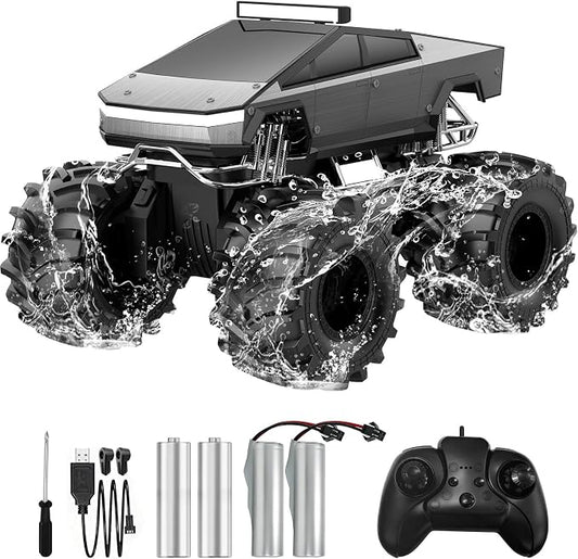 Qrytoi Waterproof Remote Control Car for Boys, 2.4GHz Amphibious RC Car, 1:18 4WD All-Terrain Monster Truck Toy with 360°Rotation and Non-Slip Tires, Toy Gift for Boys and Girls (Grey)