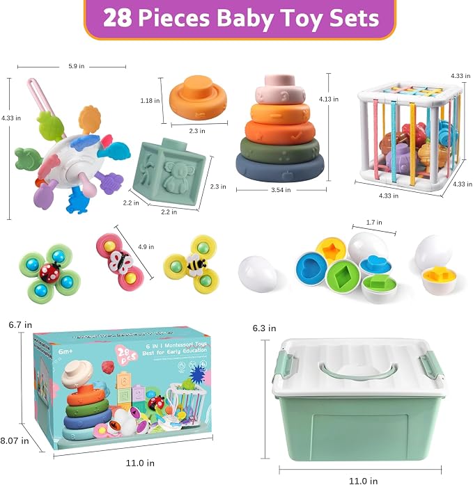 Plunack 6 in 1 Montessori Baby Toys for 6-12 Months — Stacking Blocks & Rings, Pull String, Suction Cup Spinner, Matching Eggs Shape Sorter & Sensory Bin, Infant Developmental Gift Set