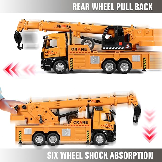Crane Truck Toy Diecast Metal Cab Construction Truck Toys for Kids Crane Truck Boom that Can Be Raised Lowered Extended Pull Back Toy Crane with Lights and Sounds Crane Toys for Boys Age 4-7