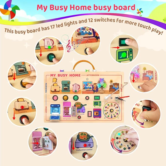 UdoUto My Busy Home Montessori Busy Board for Toddlers 1-3 - Wooden Sensory Activity Board with Kitchen Appliances, Switches, Clock | Educational Fine Motor Skill Toy for 1+ Year Old Girls