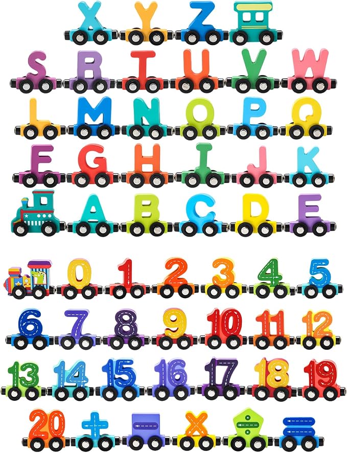 2 Sets/55 Pcs Magnetic Alphabet Number Train Set Montessori Toys for Toddlers Wooden Alphabet Number Preschool Learning Activities Educational Sensory Easter Basket Stuffers Birthday Gifts