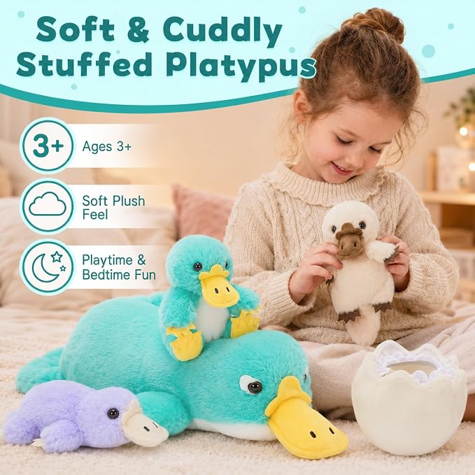 Tezituor Platypus Stuffed Animal Set,Mother Platypus Plush with 3 Colorful Baby Platypuses,Soft Blue Animal Family Plush Toy with Egg,Cute Easter Christmas Birthday Gift for Kids Boys Girls Girlfriend