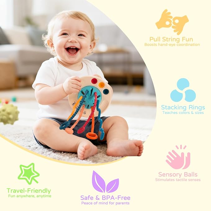 Montessori Baby Toys for 12M+, UFO Sensory Play Set for Toddlers, Pull String Pull String Toy in Stollers Developmental Toys for Fine Motor Skills Gift for Boys& Girls