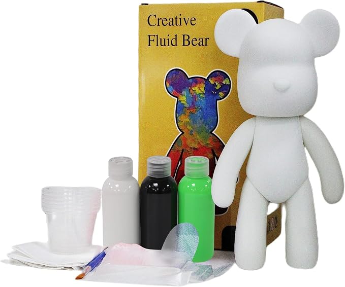 HANDA DIY Painting Fluid Bear Teddy Bear Painting Kit Set Creative Home Decorations Handmade Doll Figurine Toys Gift for Birthday Valentines (13.4 inch, Green+Black+White)