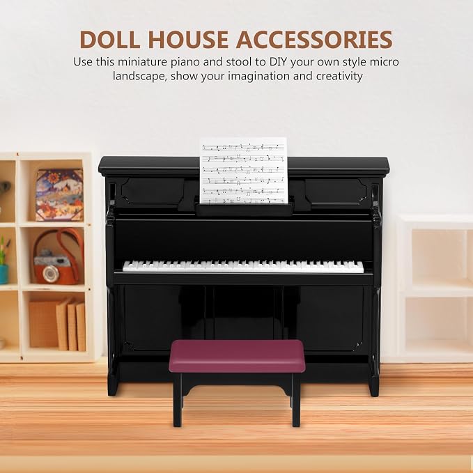 TOYANDONA Piano Keyboard Dollhouse Piano Model Miniature Upright Stool Musical Educational Toy for Kids Micro Landscape Fairy Garden Black