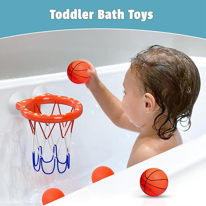 MARPPY Bath Toys – Bathtub Basketball Hoop for Toddlers and Kids, Bath Toy Shower Toy with 4 No-Hole Balls and Suction Cups Basketball Hoop Bath, Tub Toys for Kids and Toddlers