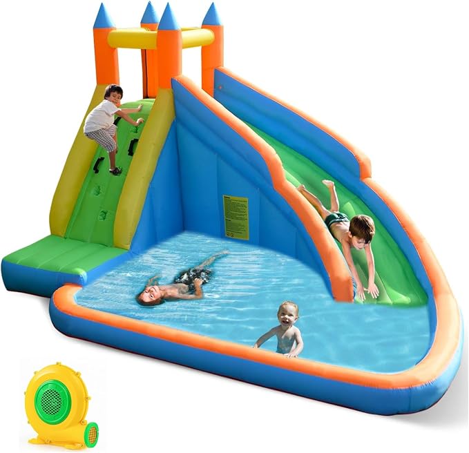 Costzon Inflatable Water Slide, Giant Bouncy Waterslide Park for Kids Backyard Outdoor Fun w/550w Blower, Climbing, Splash Pool, 2-pcs, Blow up Water Slides Inflatables for Kids 3-12 Party Gift