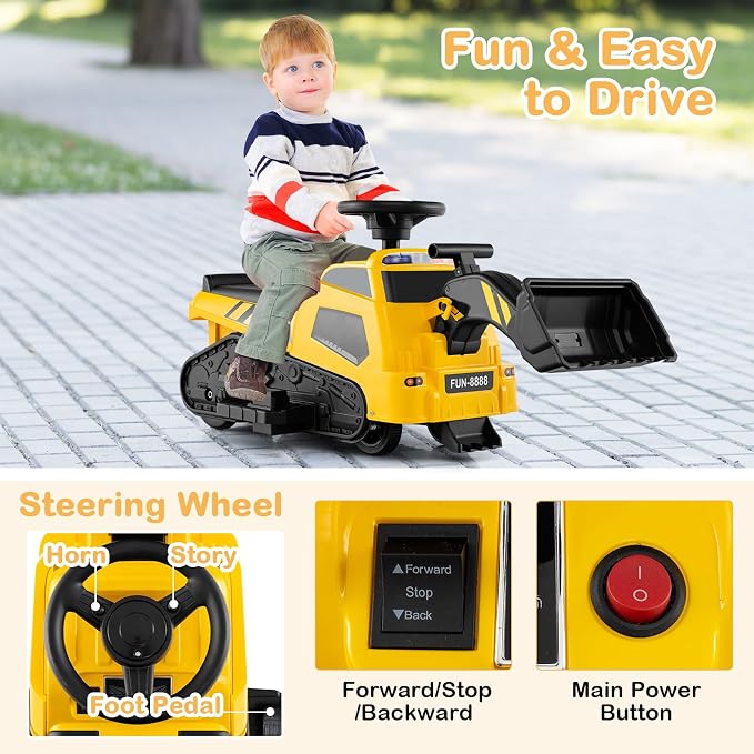 Costzon 3-in-1 Ride on Tractor, Electric Excavator Bulldozer Toy Road Roller w/Adjustable Arms, Music, 6V Ride on Construction Vehicles for Kids 1.5+ Years Old