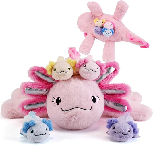 gnomantic Axolotl Stuffed Animals with Babies Inside, Mommy Toy for Kids | 5-Piece set: 1 mommy axolotl + 4 baby axolotls inside. Unzip belly to reveal surprise babies. Ultra-soft, ages 3-8.
