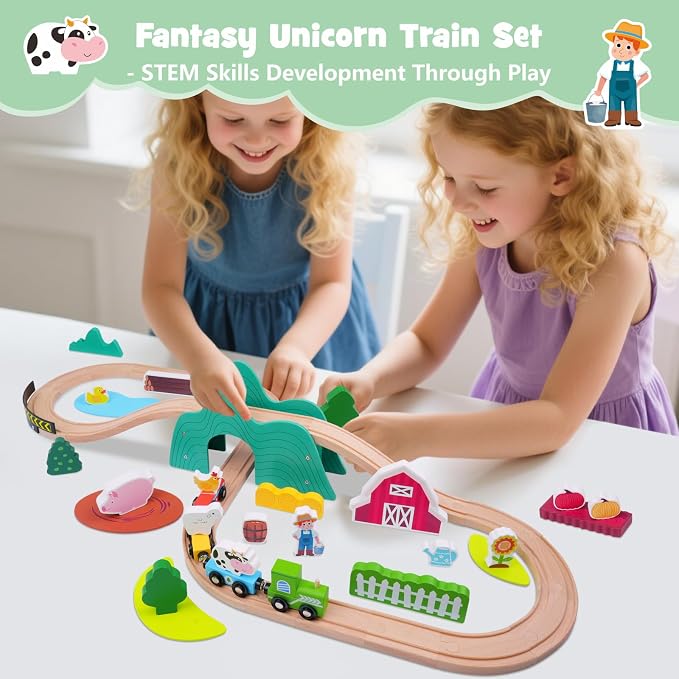 SIMPLIPLAY Wooden Train Set for Toddlers - 49PCS Farm Montessori Train Sets, Wooden Train Track for Toddlers 3-5 with Bridge & Cute Farm Animal Toys, Gifts for 3 4 5 Years Old Girls & Boys | Montessori Magnetic Train Set for Toddlers 3-5 with Bridge & ...