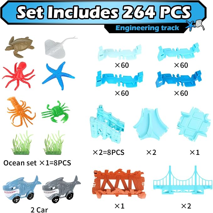 Coroiesty 264 PCS Shark Race Tracks for Kids Toys, Glow in The Dark Magic Toy Set, 2 Shark Cars Track, Flexible DIY Track Set, Birthday Gift for Age 3-9 Boys Toddler Girls