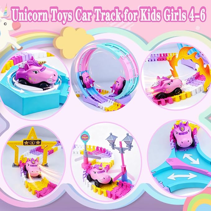 Unicorn Toys Car Race Tracks for Kids, 360° Flexible DIY Magic Racing Monster Tracks Toy with 3 Vehicle, Toddler Toys Birthday Gifts for 3 4 5 6 7 Year Old Girl