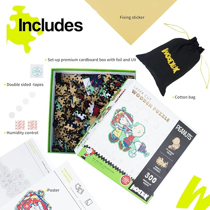 Peanuts Christmas Puzzles for Adults – Snoopy, 300 Pieces Unique Shaped Charlie Brown Wooden Jigsaw Puzzles, 5MM Thick, Officially Licensed Merchandise – Merry Unwrapping, 16.5" x 10.5"