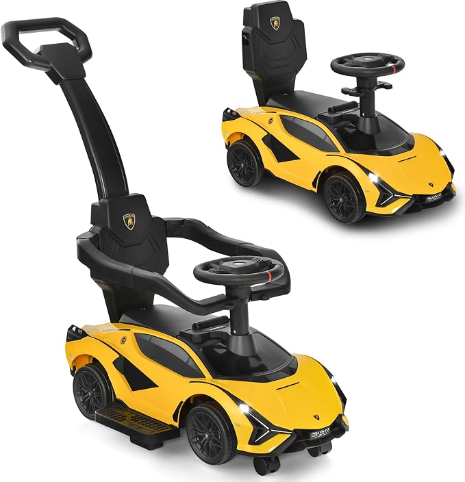 INFANS 3 in 1 Ride on Push Car, Licensed Lamborghini Baby Stroller Sliding Walking with Parent Control Handle, Music, Headlight, Under Seat Storage, Kids Foot-to-Floor Toy for 18-60 Months (Yellow)