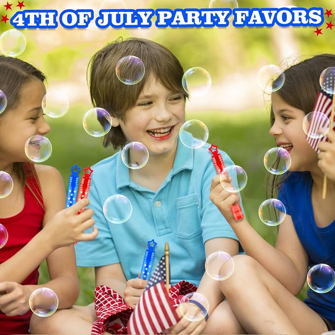 Patriotic Mini Bubbles Wands Toys Bulk 64 Pack - Party Favors Supplies for Kids, 4th of July Red White Blue Gift Prize Games Accessories Decoration for Independence Day Fourth of July Parade Throws