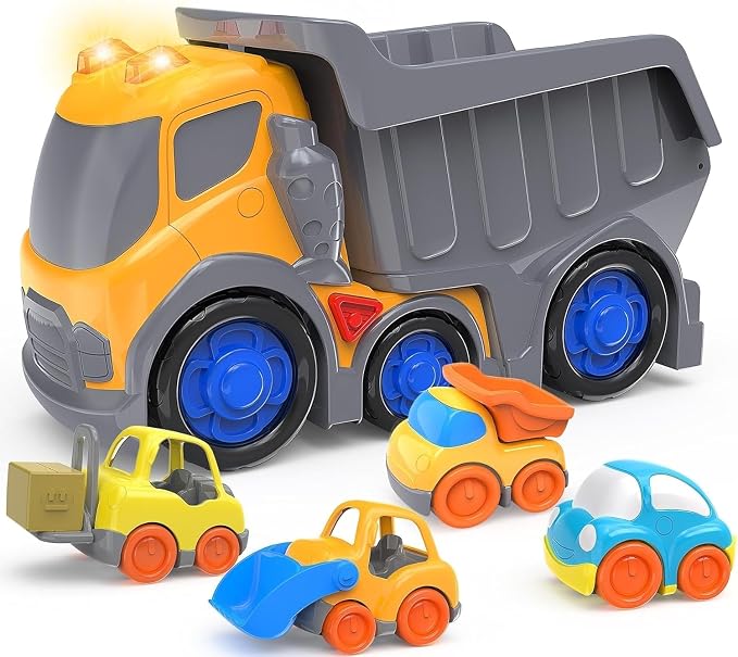 P&C 12.2" Toddler Construction Dump Truck Toys for Ages 2-4, Beach Sand Outdoor Toy Cars Dump Truck Set with Sounds and Lights for Kids 18M+, 2, 3, 4, 5, Ideal Birthday Christmas Gifts for Boys Girls