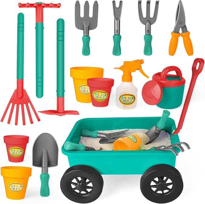 deAO Kids Garden Wagon Wheelbarrow and Gardening Tools Play Set Includes 10 Accessories and 4 Plant Pots,Great Outdoor Toddler Toys Kids Gardening Set