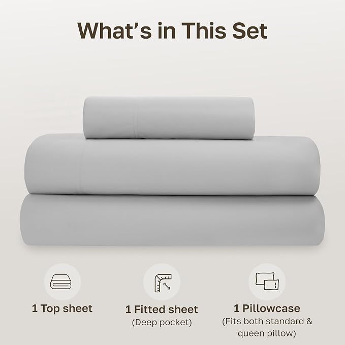 California Design Den Twin Sheet Set - Soft 100% Organic Cotton Bed Sheets with Deep Pockets, Crisp Percale, Breathable and Durable Bedding Set - Light Grey