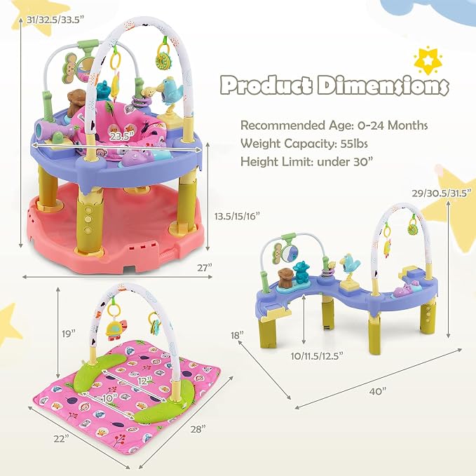 HONEY JOY Baby Bouncer Activity Center, 3-Stage Bouncing Activity Saucer & Playtime Mat & Activity Table, Toy-Bar, 3 Adjustable Heights, Foldable Activity Center for Infants & Toddlers(Pink)