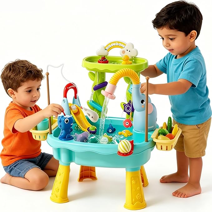 2027 Upgraded Toddlers 1-3 Water Table with Electric Pump, Kids Water Table with Faucet Play Food Accessories Fishing Toy, Kitchen Play Sink Toys for Girl Boy Age 4-8 (Blue)