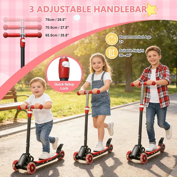 3 Wheel Scooters for Kids 2-5 5-7 Years, 4 Adjustable Heights Foldable Metal Toddler Scooter for Boys Girls Up to 120 lbs, Lean-to-Steer, Dual Rear Brake Widen Anti-Slip Deck