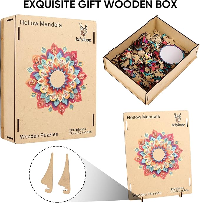Ixfyloop Wooden Puzzles for Adults Wooden Puzzles, Mandala Wood Puzzles Adult Wooden Jigsaw Puzzles for Adults Birthday Gift Mandala Game, 500 Pieces, 17.6x17.7in