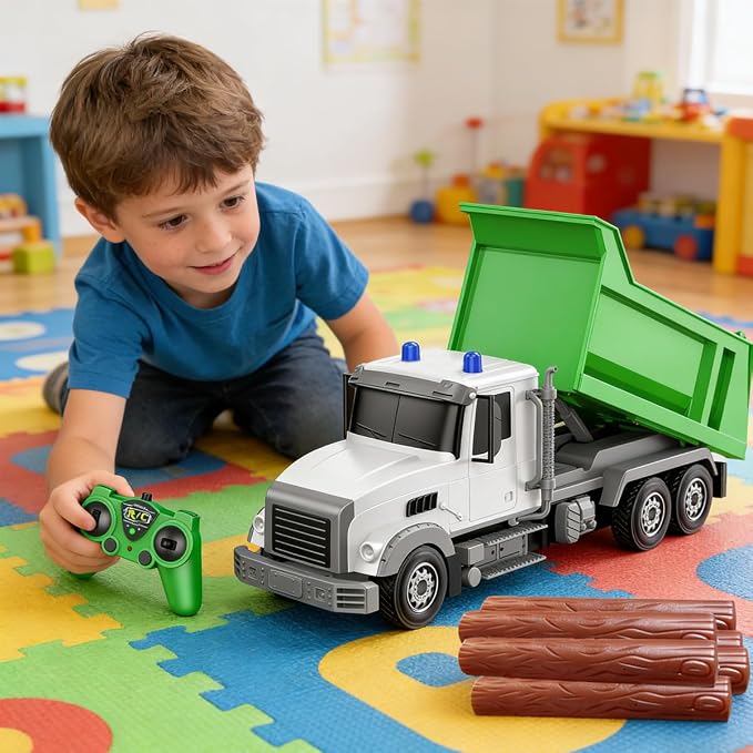 Remote Control Construction Dump Truck Toy RC Vehicle,6 Channel Truck Toys with 6 pcs Wood,2 Rechargeable Batteries,1/24 Scale Dump Trucks，Birthday Gifts Ideas for Boys Age 3-8 Year Old