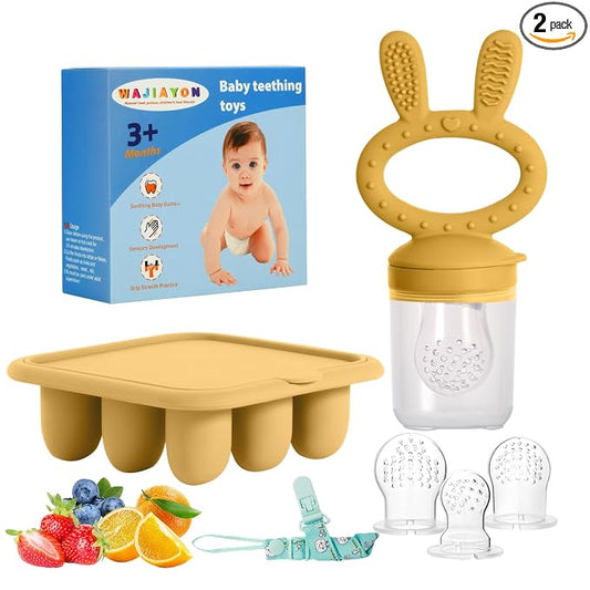 Baby Breastmilk Popsicle Molds & Baby Fruit Feeder (2 Pack), Baby Food Freezer Tray Storage Containers, Silicone Teething Pacifier Feeder and Teether for Babies,Baby Feeder - Yellow
