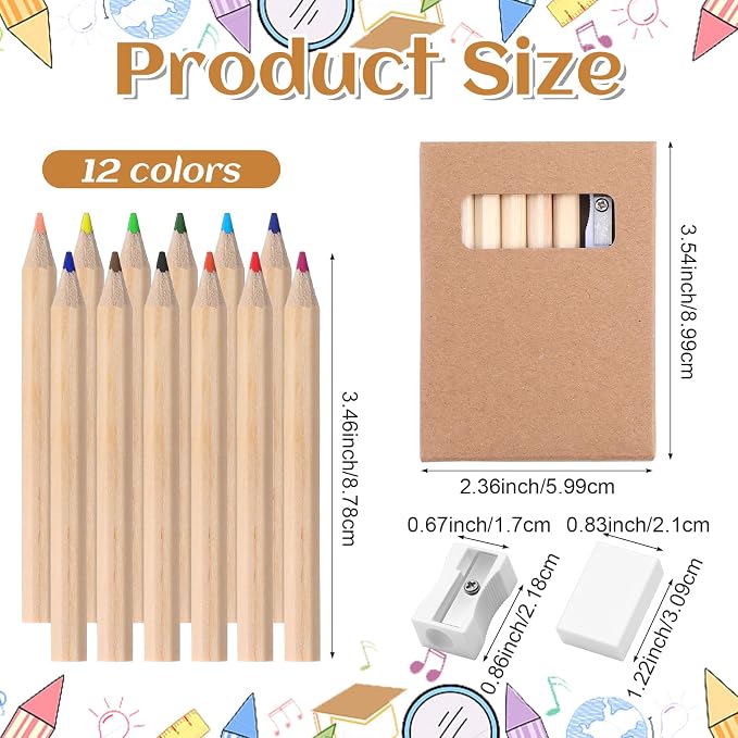 24 Set Mini Colored Pencils Bulk, 3.5 Inch Short Drawing Pencils with Sharpener & Eraser in Krafts Boxes, Kids Coloring Pencils for Classroom School Supplies, Party Favors, Teacher Gifts, 12 Colors