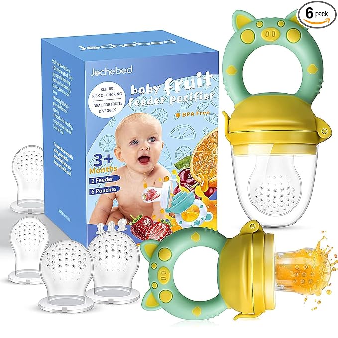 Baby Fruit Food Feeder Pacifier - Fresh Teething Pacifiers, Infant Fruit Teething Teether Toy for 3-24 Months, 6 Pcs Silicone Pouches for Toddlers & Kids & Babies, Piggy Handle 2-Pack (Yellow)