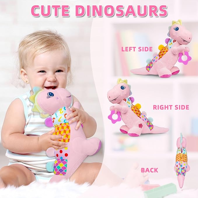 Baby Dino Musical Stuffed Animal Toys for 0-3-6-9-12 Months，Infant Dinosaur Tummy Time Toys with Crinkle Sound Paper,Teether，Textures & Rattles for Newborn Boys Girls Birthday Gifts，Pink