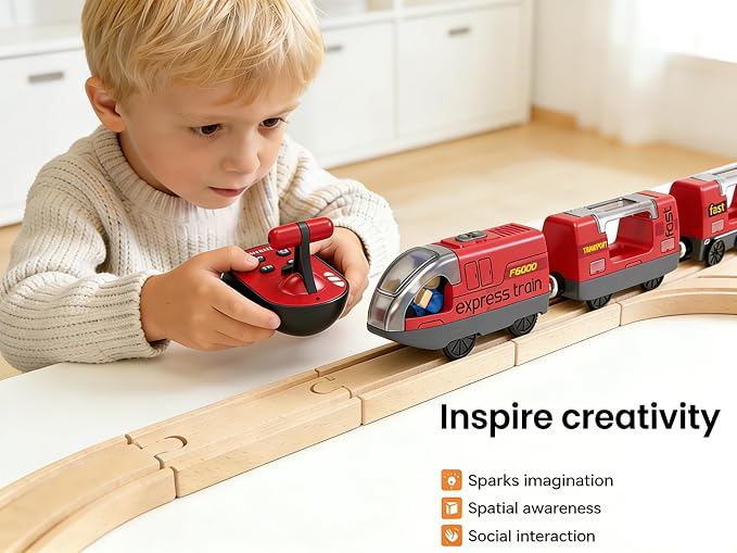 Battery Operated Train for Wooden Track, Remote Control Vehicle for Toddlers, Motorized Train Toy Set Compatible with Thomas, Brio