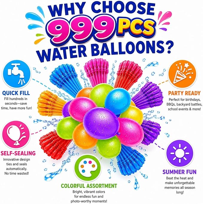 999Pcs Self-Sealing Water Balloons, Colorful Quick Fill Water Balloons for Outdoor Events, Summer Outdoor Water Toys for Pool Party, Backyard Games, Beach, Birthday Party and Family Fun
