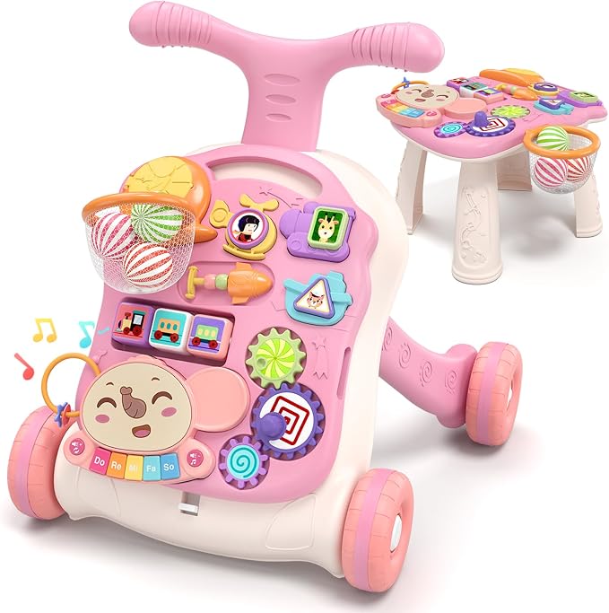 QDRAGON 3 in 1 Baby Walker and Activity Center for Girl, Learning to Walk, Sit to Stand, Early Educational Push Toys with Music Panel for Infant Toddler 12+ Months Pink