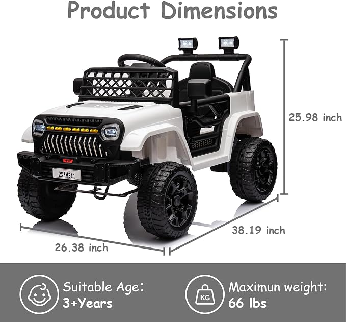 GarveeLife 12V Kids Ride On Truck Electric Vehicle Battery Powered Car Toddlers Ride On Toy for Boys Girls with Remote Control, 4-Wheel Suspension, Battery Display, LED Lights, Music, White