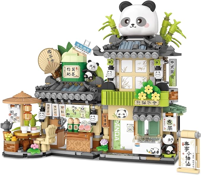 Street View Tea Shop Mini Building Blocks Set, Cute Panda Animals Building Toys Girls 6-12, Simulation Architecture Construction Toy, Birthday Gift for Kids Adults (860PCS)