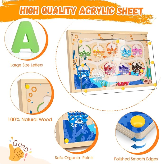 4-in-1 Magnetic Color and Number Maze Toys Box with Alphabet Puzzles Drawing Board, Wooden Storage Montessori Toy for 3-5 Year Old, Toddlers Educational Learning Toy Gifts for Kids Boys Girls