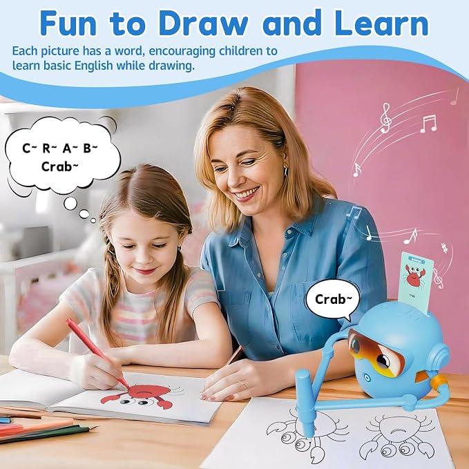 Peledic Drawing Robot Toy for Kids with 100 Word Cards & 12 Color Pens, Voice Interactive Educational Drawing Machine, Montessori Painting Toys for 3 4 5 6 7 8 Year Old Boys Girls Easter Gifts (Blue)