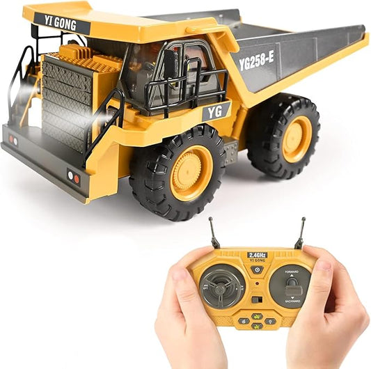 KidsFaves Remote Control Dump Truck Toys 9 Channel 2 Batteries RC Construction Toy Vehicles with Metal Bed Lights/Sounds, Birthday Gifts for Boys Age 3+